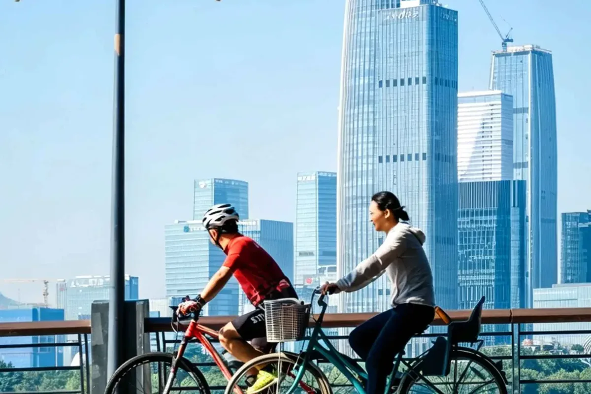 Two cyclists on the Shenzhen Bay waterfront path with the Nanshan skyline behind them