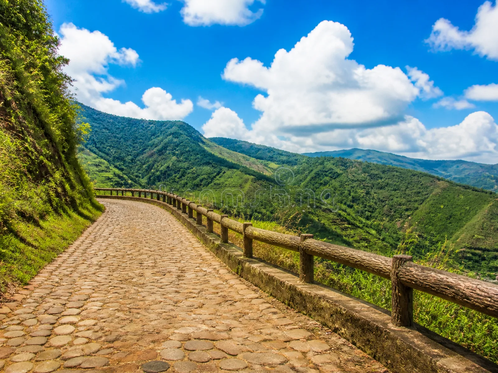 Bright cobblestone mountain road in western Yunnan